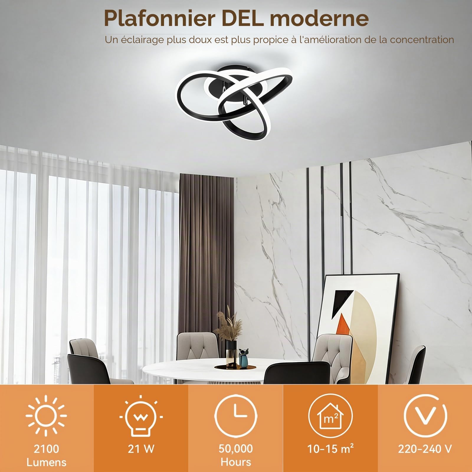 Plafonnier LED Moderne 21W, 3000K/4500K/6500K Lampe Plafond 2100lm CRI≥80, Luminaire Plafonnier pour Salon, Chambre, Bureau, Cuisine et Couloir avec Fonction Mémoire Noir