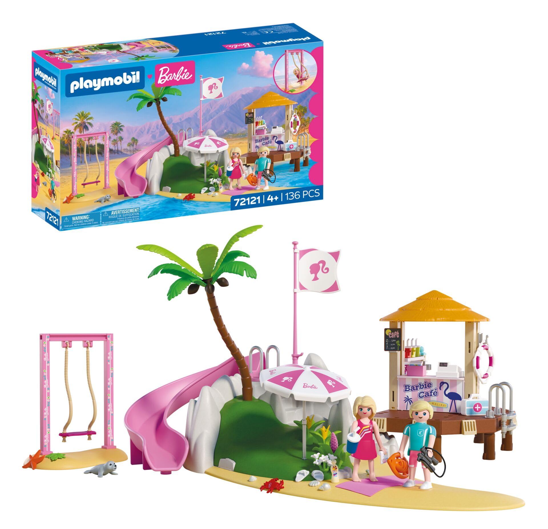 Playmobil | Barbie x Barbie Beach Café | Summer Adventure with Barbie & Ken | With Swing, Slide & Animals | Imaginative Playset for Children Aged 4+ | 72121