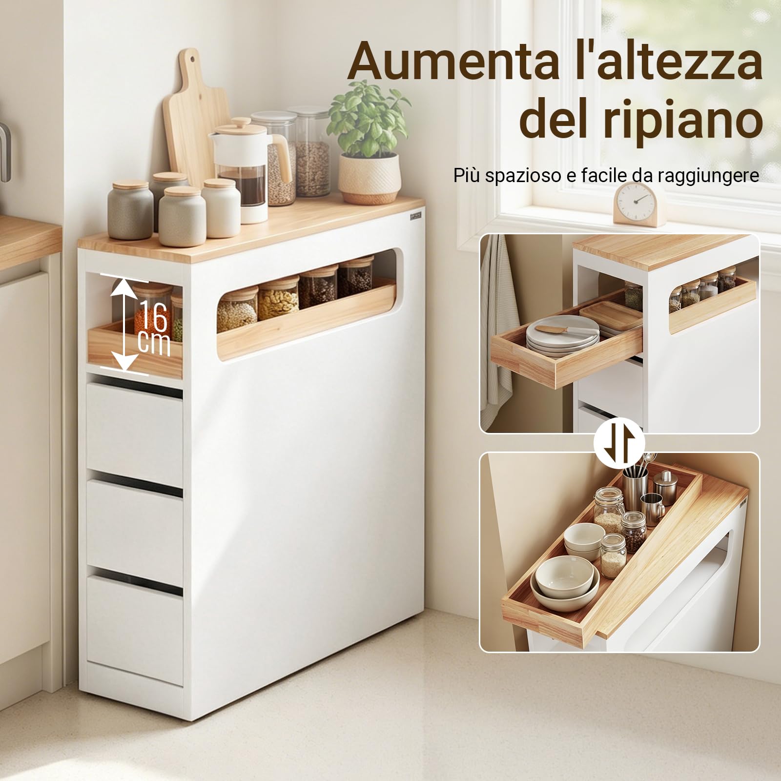 SoBuy Carrello Cucina Mobiletto Salvaspazio con Ruote 65x23x82cm | con Piano Di Lavoro, Cassetto E Ripiani Aperti, Carrello Portaoggetti Per Cucina, Bianco, BZR54-II-Wc