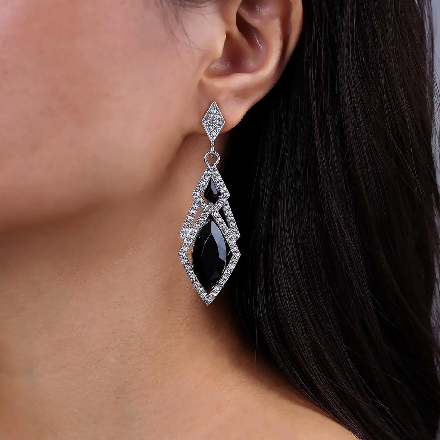 Vintage Onyx Crystal Earrings Silver Cz Diamond Stud Earrings Rhinestone Square Drop Earrings Geometric Onyx Dangle Earrings Jewelry for Women - Image 5