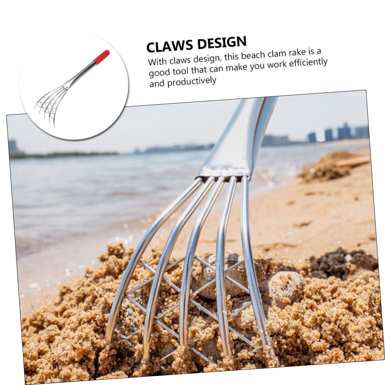 VICASKY Rastrello in Acciaio Inossidabile per Vongole con Manico, Attrezzo Affidabile per Scavare Spiaggia, Utensile Ergonomico per Molluschi e Conchiglie
