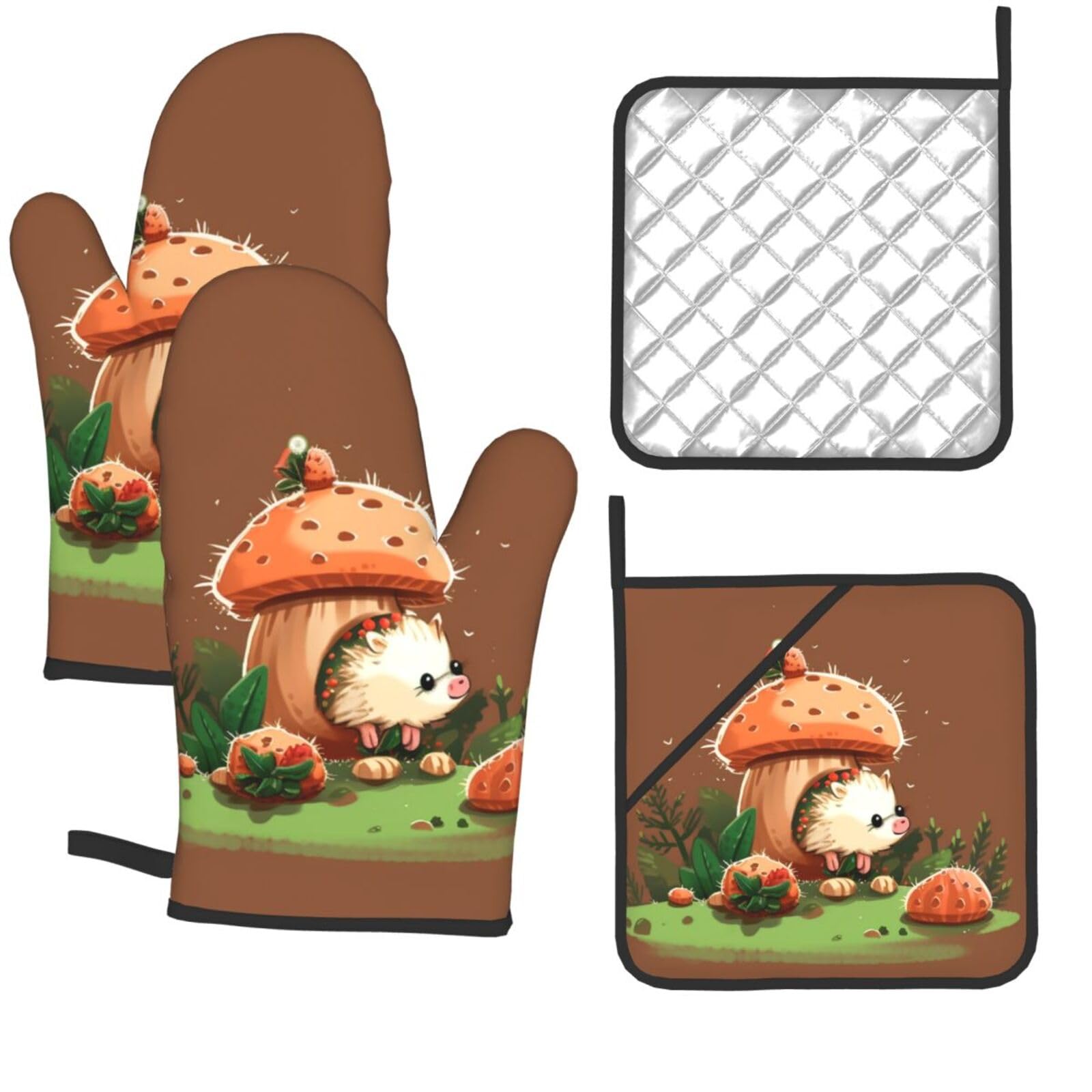 4 Pcs Oven Mitts and Pot Holders Set Kitchen Oven Gloves Heat Resistant Potholders Non-Slip Hot Pads Hedgehog and Mushroom Oven Mits for Cooking Baking Grilling