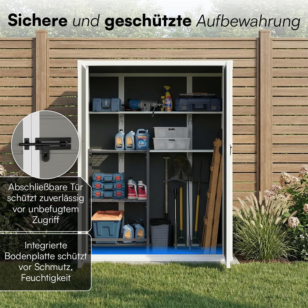 STEELSØN Novara Gerätehaus – Geräteschuppen mit Pultdach – Gartenhaus 170x68,5x134 cm (HxTxB) – Gartenschuppen aus Kunststoff Grau – Gartenhütte mit 2 Fächern – Gerätehütte rostfrei – Schuppen Garten