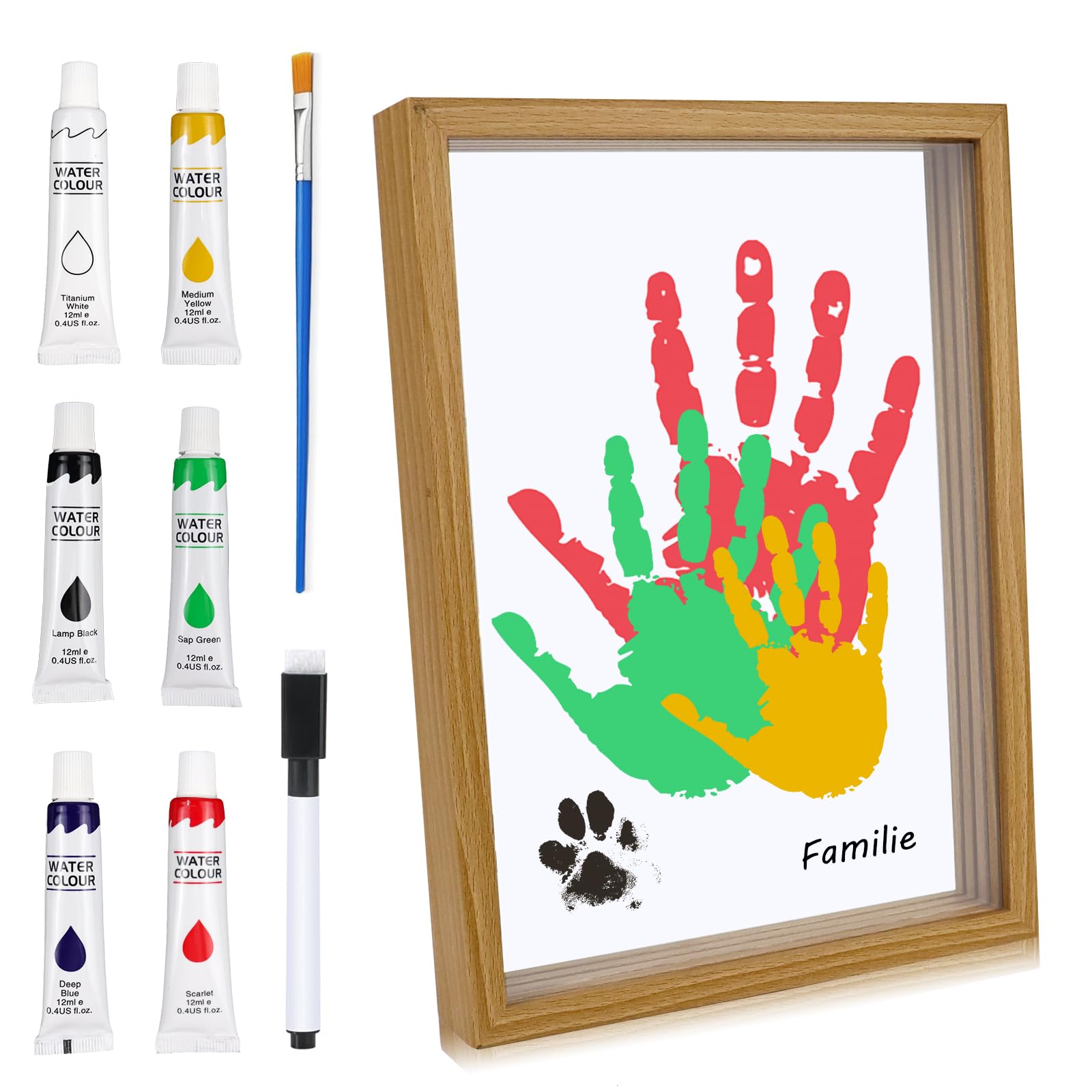 SENLINLIN Handabdruck Set Familie, Großes Holzrahmen Bastelset, Baby Hand- und Fußabdruck Set, Ungiftige Fingerfarben, Geschenk für Jungen & Mädchen (31 x 22,4 cm)