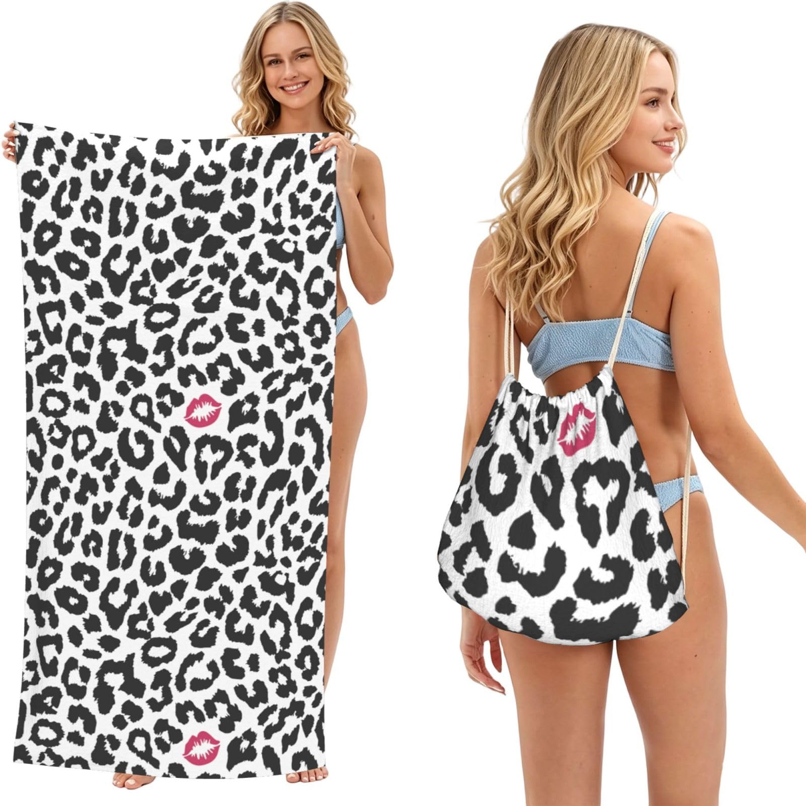 Poadnly As Picture Animal Print With Kiss Shape, 2 In 1 Packable Towel Bag, Beach Towels With Drawstring Backpack For Travel Holiday Camping