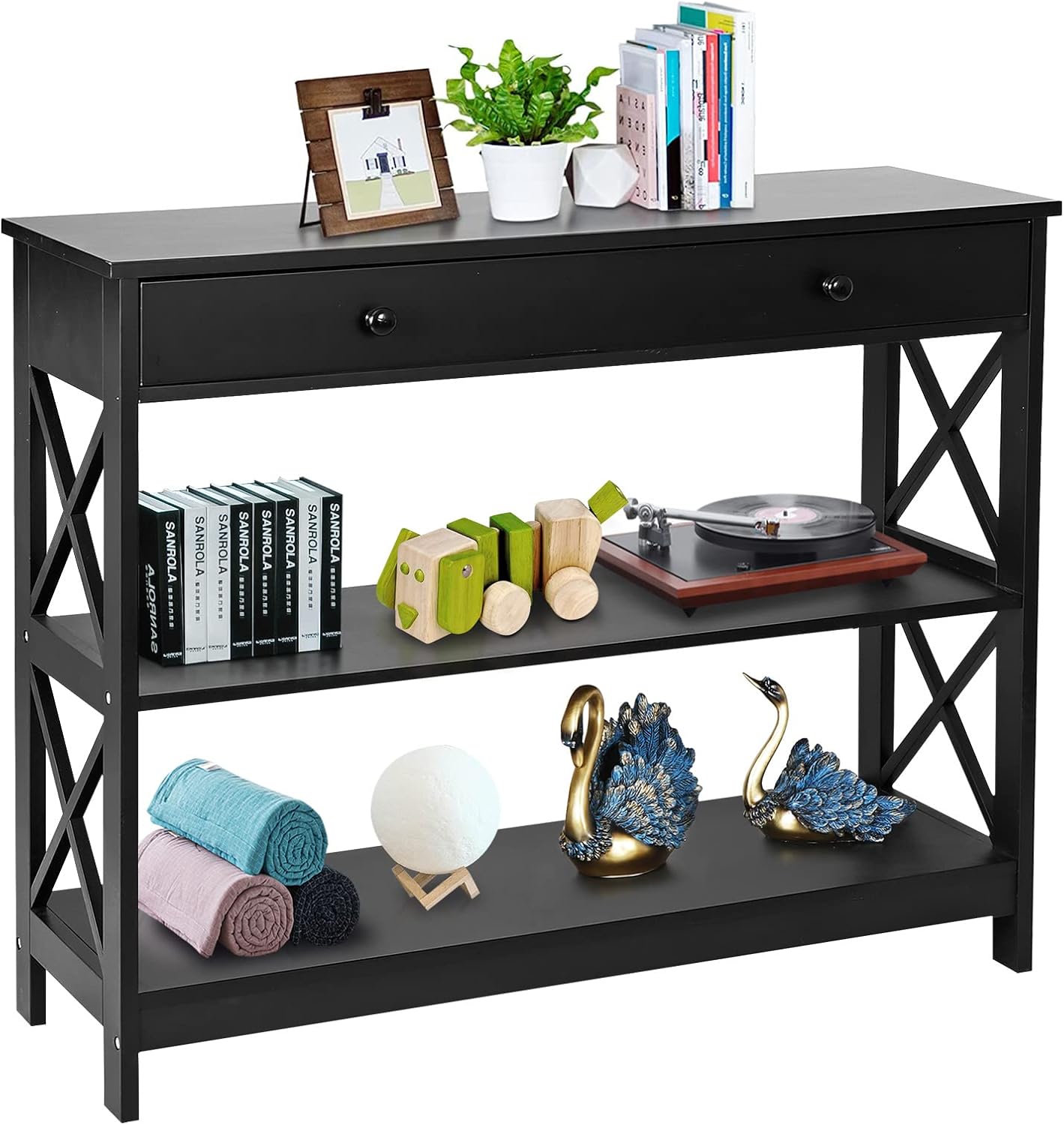 SUPER DEAL 3 Tier Console Table with 1 Storage Drawer Narrow Entryway Accent End Table Sofa Side Table for Living Room Bedroom Couch Hallway, X Frame Design, 39.3 Inch 2 Storage Shelves Black : Home & Kitchen