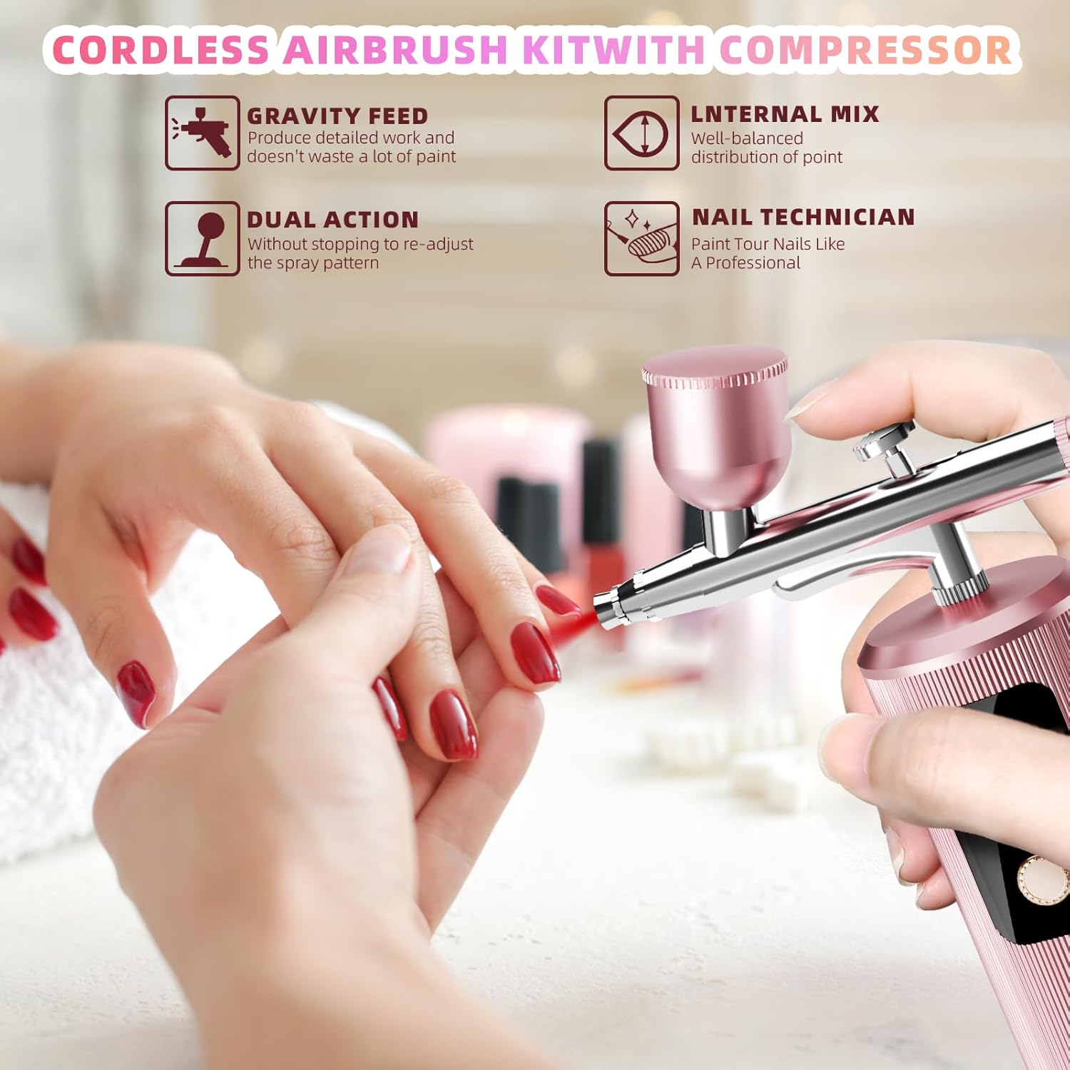 Airbrush Kit with Compressor - 48PSI High-Pressure, Non-Clogging Air Brush Set Cordless Rechargeable with 0.3mm Nozzle, Ideal for Painting, Modeling, Cake Decor, Pastry, Makeup, Nail Art (Pink) - Image 4