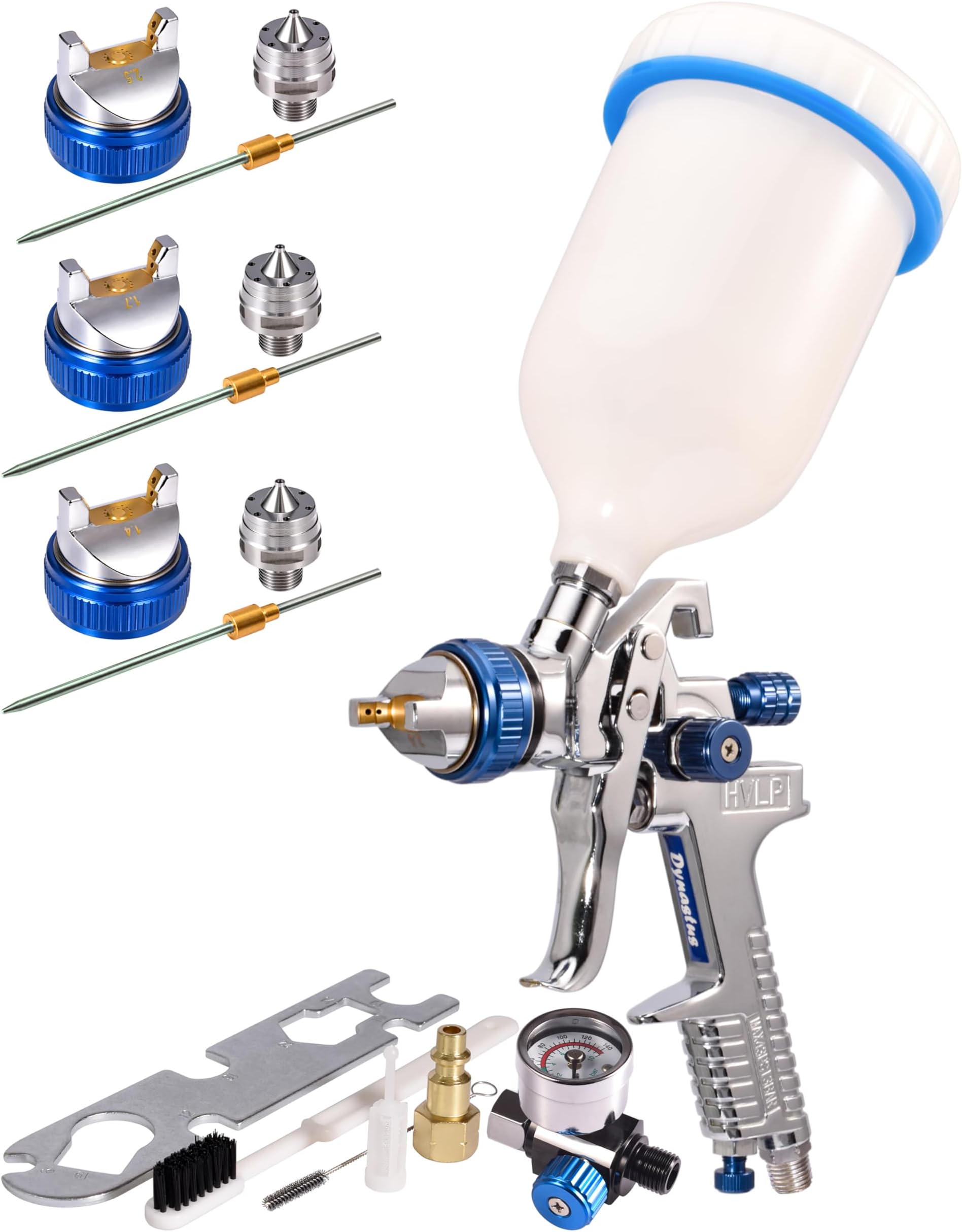 Dynastus 20 Oz. HVLP Air Spray Gun Auto Car Detail Paint Sprayer, Replaceable 3 Nozzles 1.4mm 1.7mmm 2.5mm, with Filter and Air Regulator