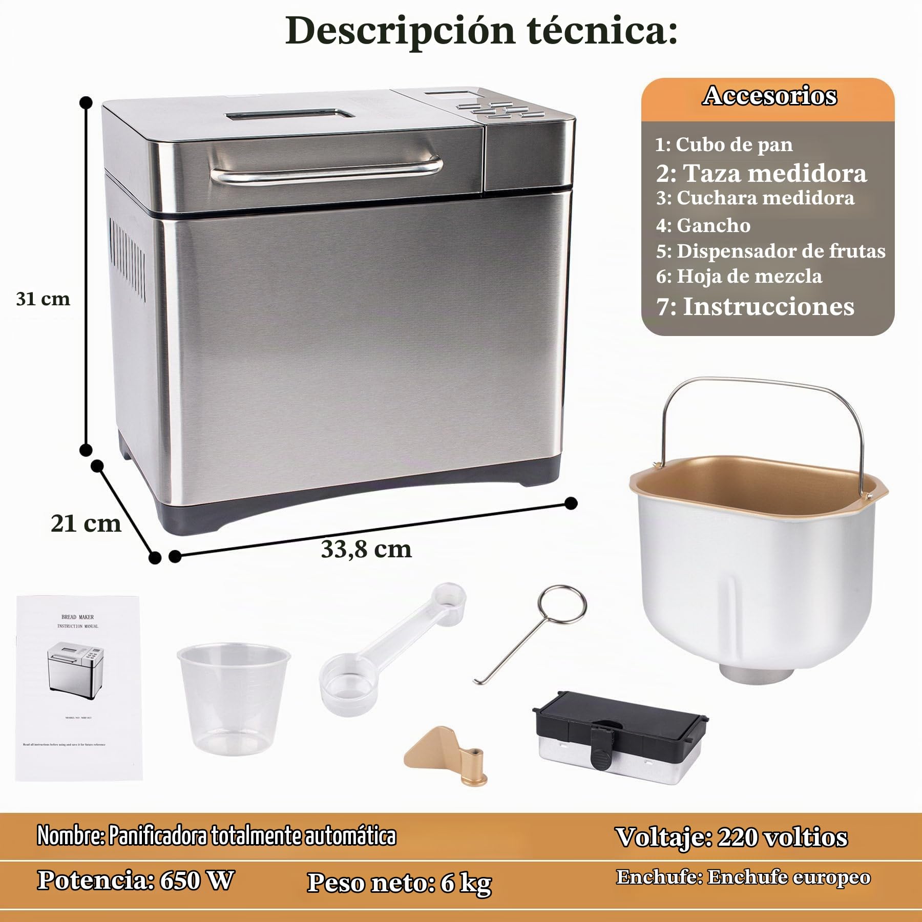 Máquina de Pan de Acero Inoxidable, panificadora 17 en 1 de 2 Libras con dispensador de Frutos Secos, sartén de cerámica Antiadherente y Panel táctil Digital, 3 tamaños de Pan