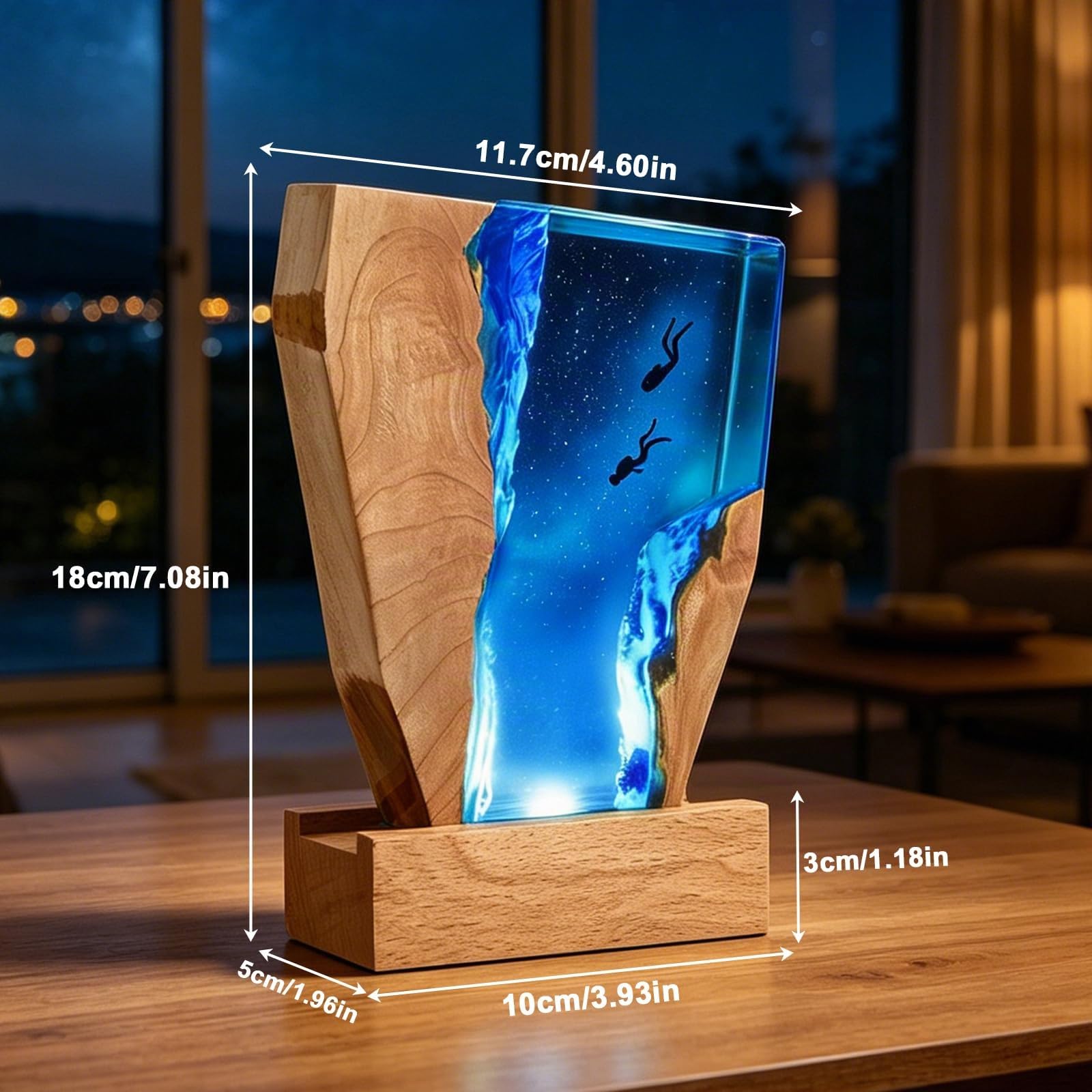Luce Notte Resina, Luce Lampada Notturna 3D Oceano in Resina, Lampada Oceanica LED Subacqueo Base in Legno, Epossidica Paesaggio Sottomarino, Decorazion per Cameretta Soggiorno Ufficio