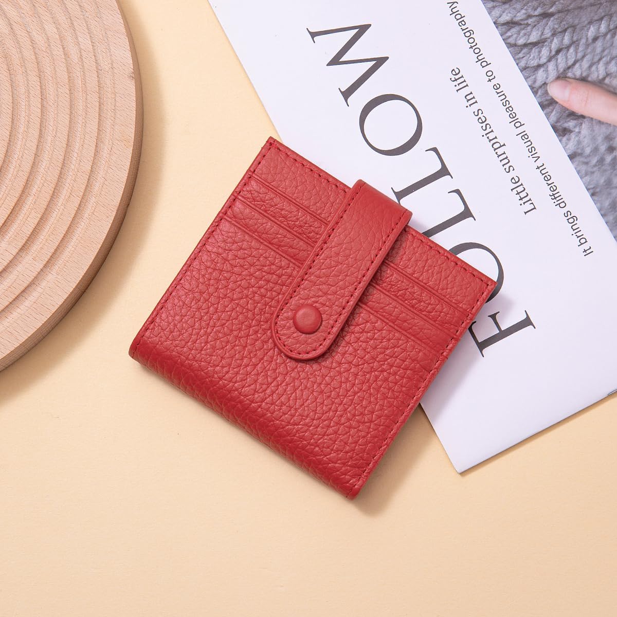 Slim Wallet For Women Genuine Leather Small Bifold Credit Card Holder Wallet With Zipper Coin Pouch ID Window,Red - Image 7