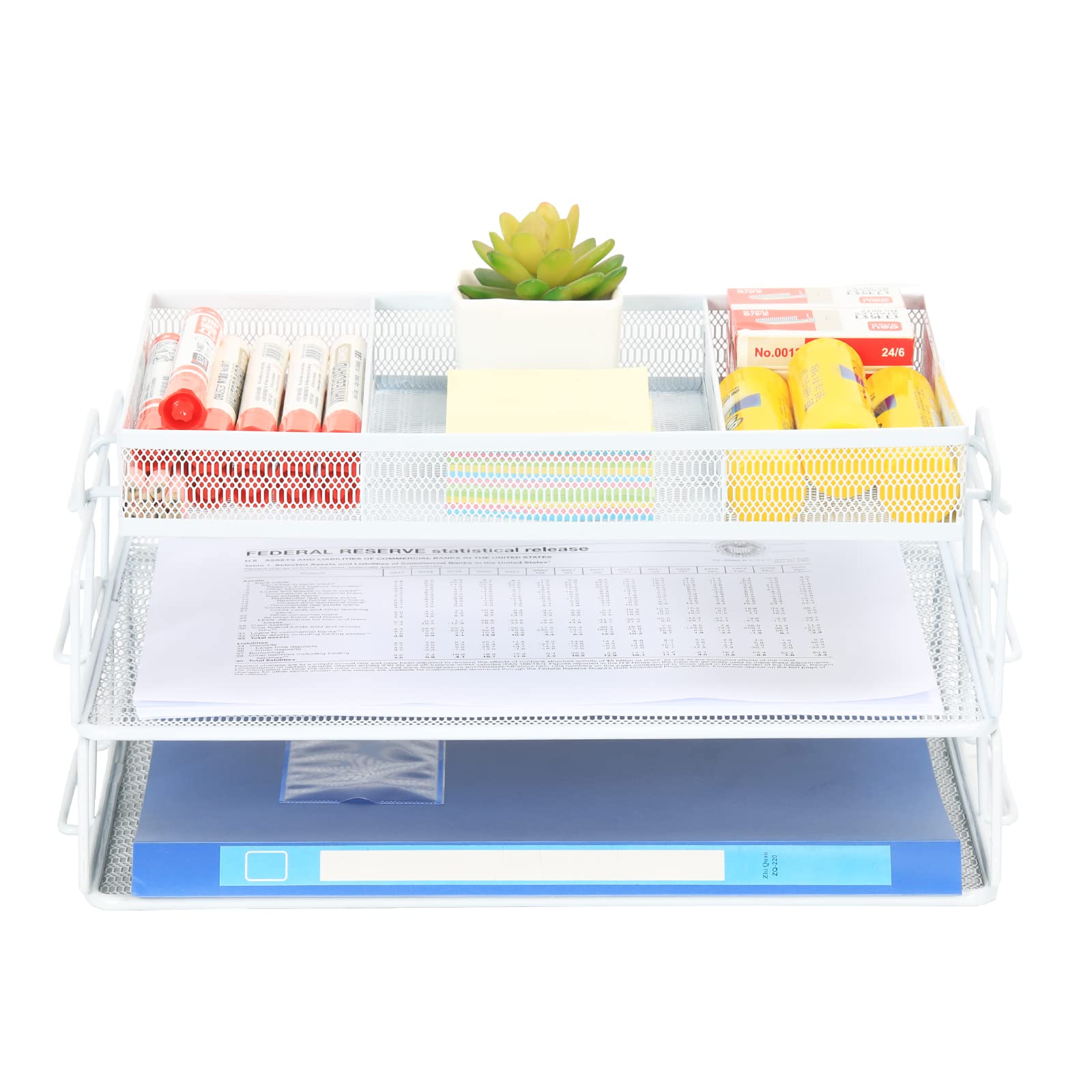 EasyPAG 3 Niveles Metal Malla A4 Bandejas Oficina Apilables Organizador Revistero Almacenamiento Papeles Soporte Archivador Clasificador Documentos Estante Carta,Blanco