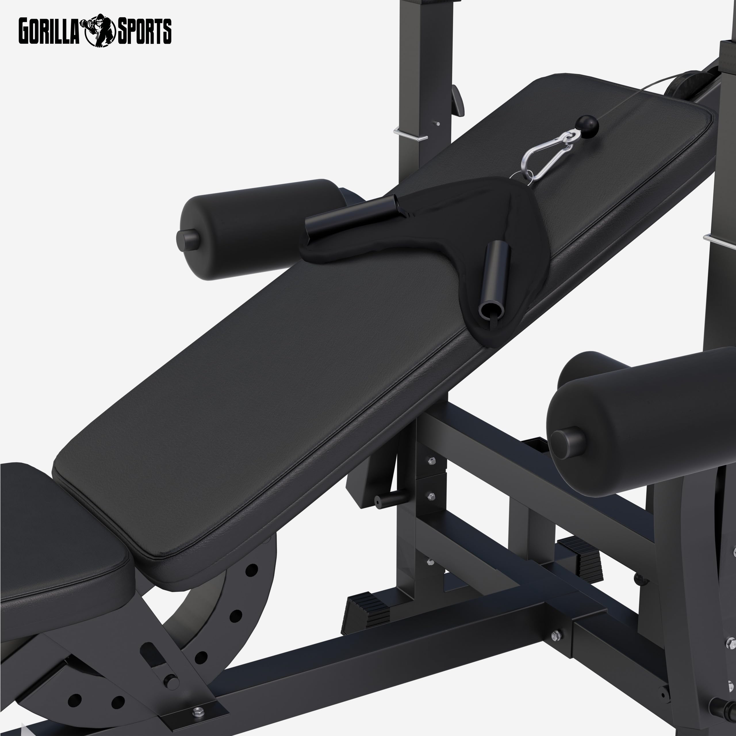 GORILLA SPORTS® Banco de Pesas con Pesas | Barra de Pesas de 170 cm, Juego de Pesas de 40/70/100 kg, Curler de Piernas, Mariposa, Estación de Inmersión