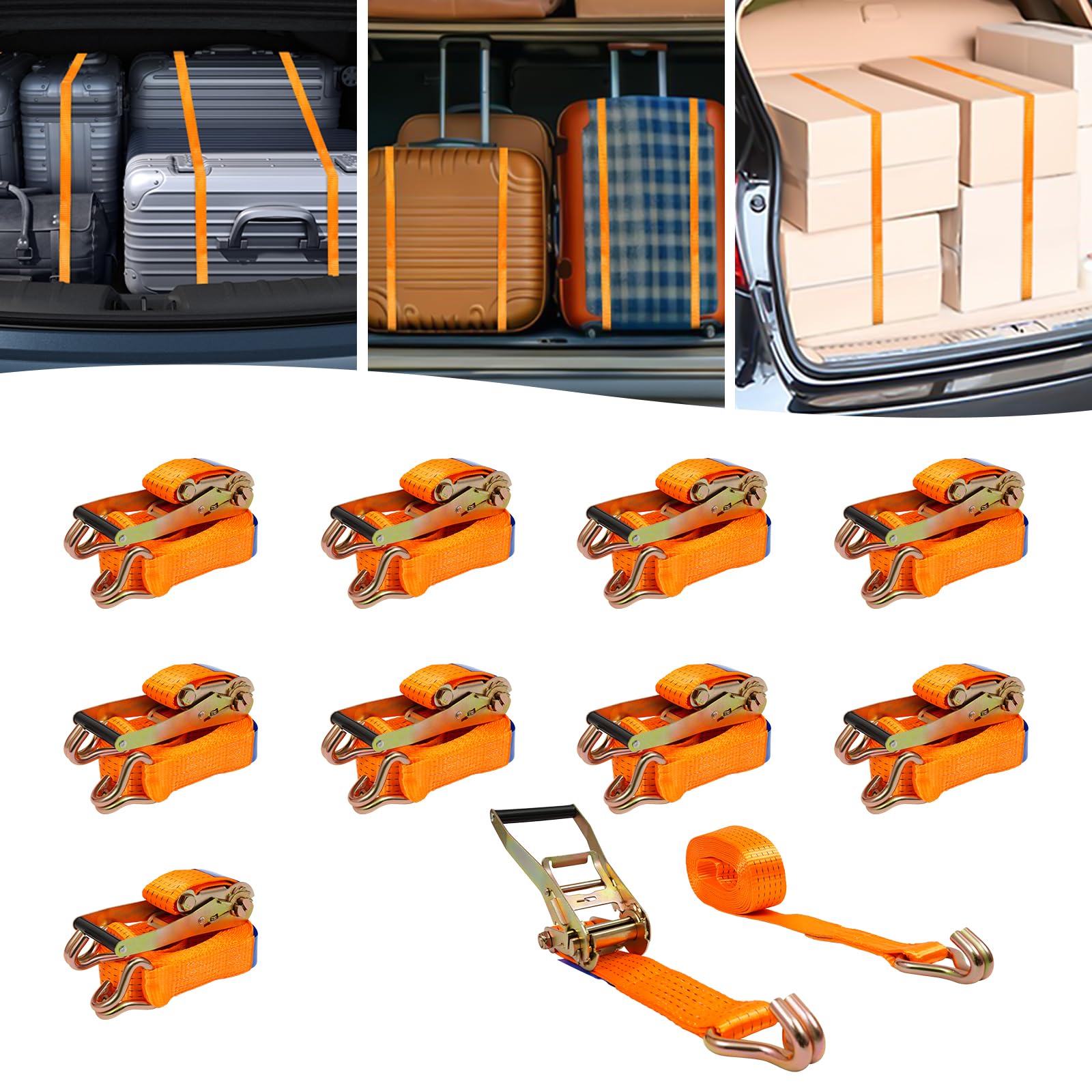10 Stück Spanngurte mit Ratsche, 8m Spanngurte mit Haken, Belastbar bis 2500KG, Ratschengurt Zurrgurte 50mm für die professionelle Ladungssicherung (Orange)
