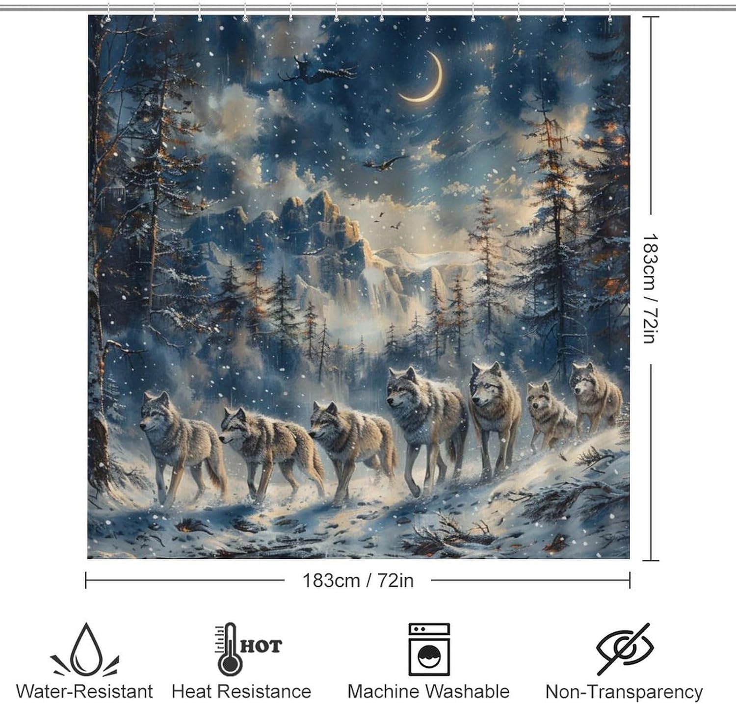 4Pcs Winter Forest Wolf Shower Curtain, Fantasy Star Moon Snowy Mountain Shower Curtain Sets with Toilet Lid Cover, U-Shaped Mat and Non-Slip Rugs, Bathroom Decor Set, 72" x 72"