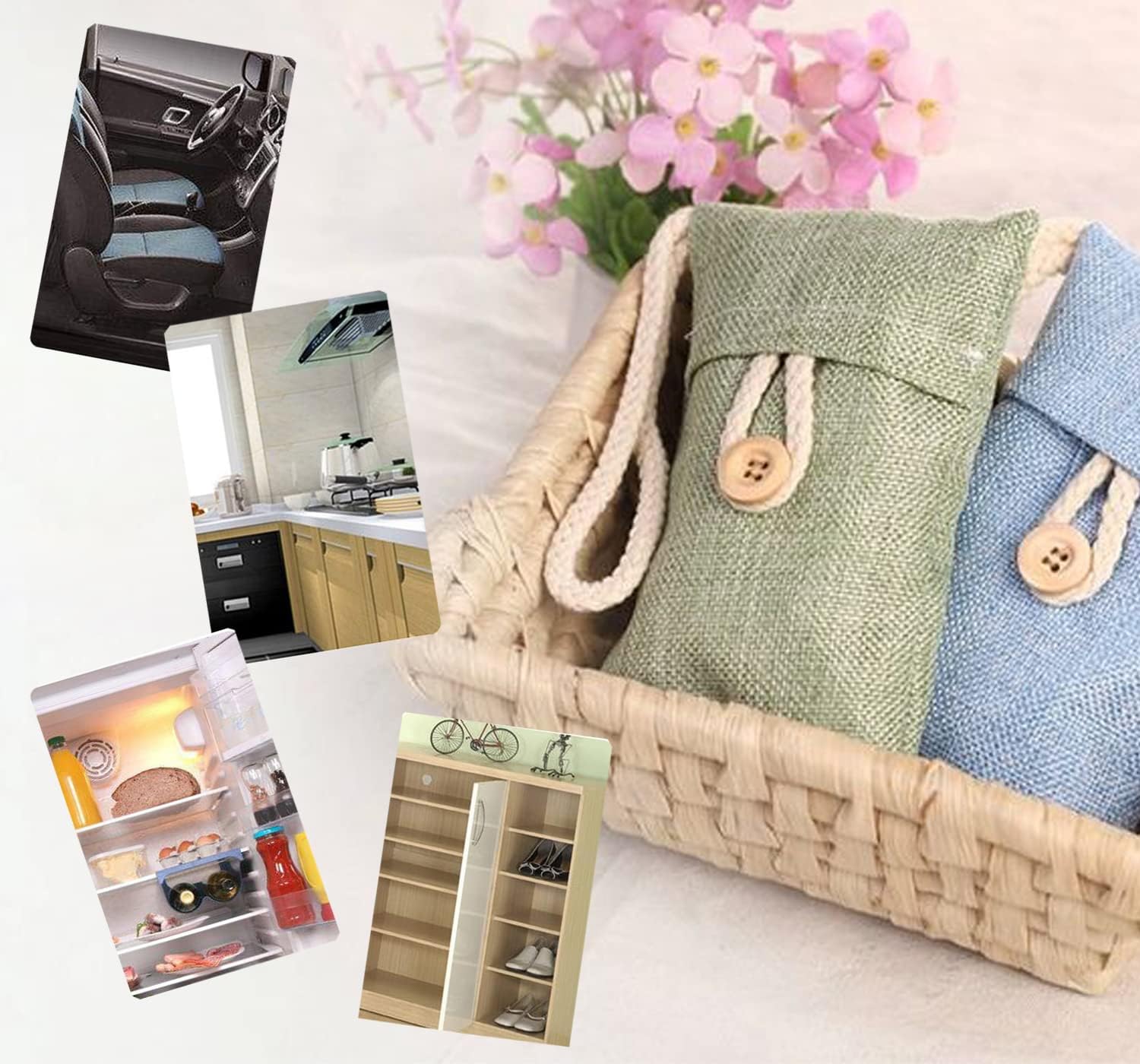 5 X 100g Natural Air Purifying Bamboo Bag,Bamboo Charcoal Bag, Odor Eliminator Decoration Bag for Bathroom Kitchen Cars Closet Refrigerator (Color Selected Randomly)