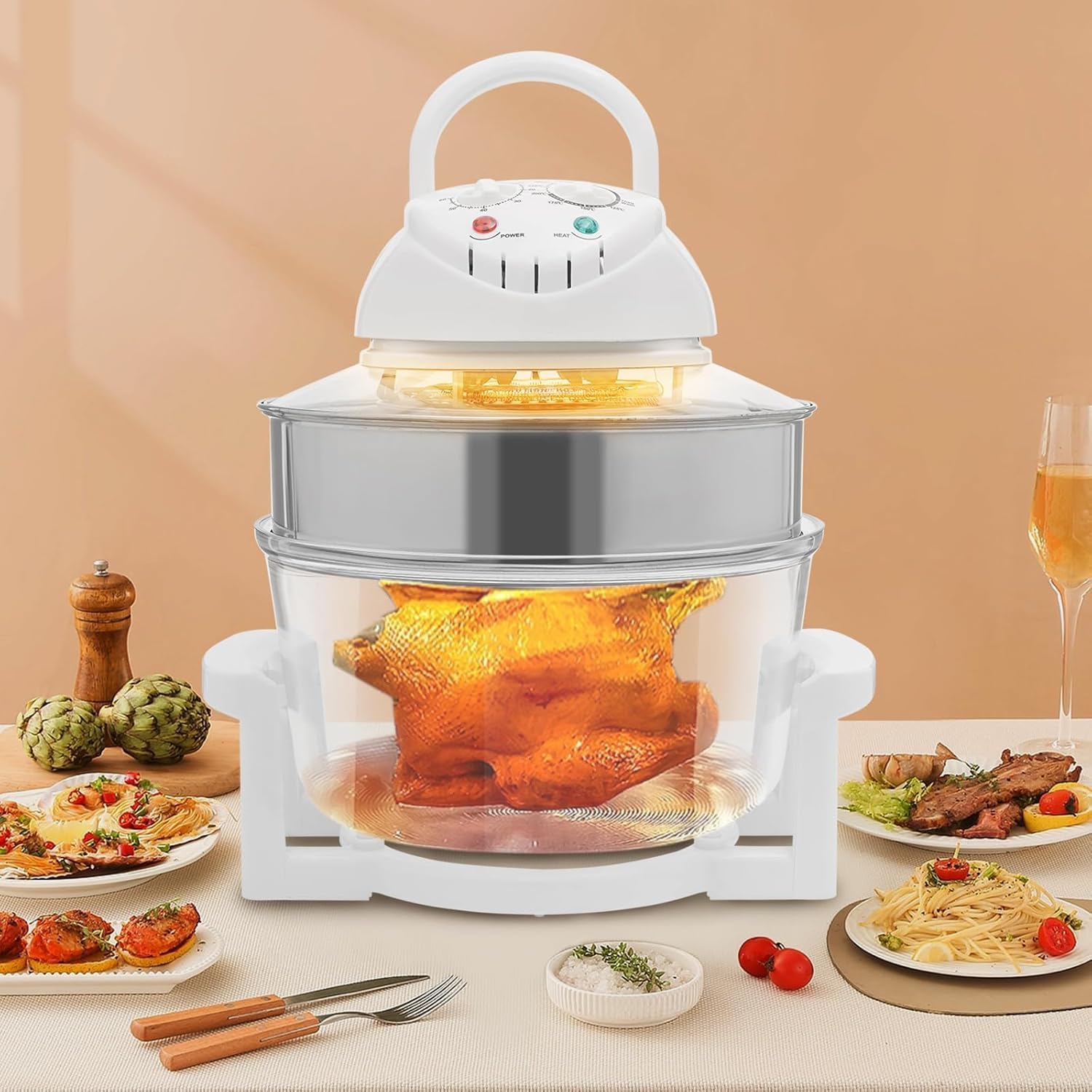 17.96Qt Turbo Air Fryer, 1400W Glass Air Fryer with Expansion Ring, 360° Viewable Halogen Oven for Family Cooking