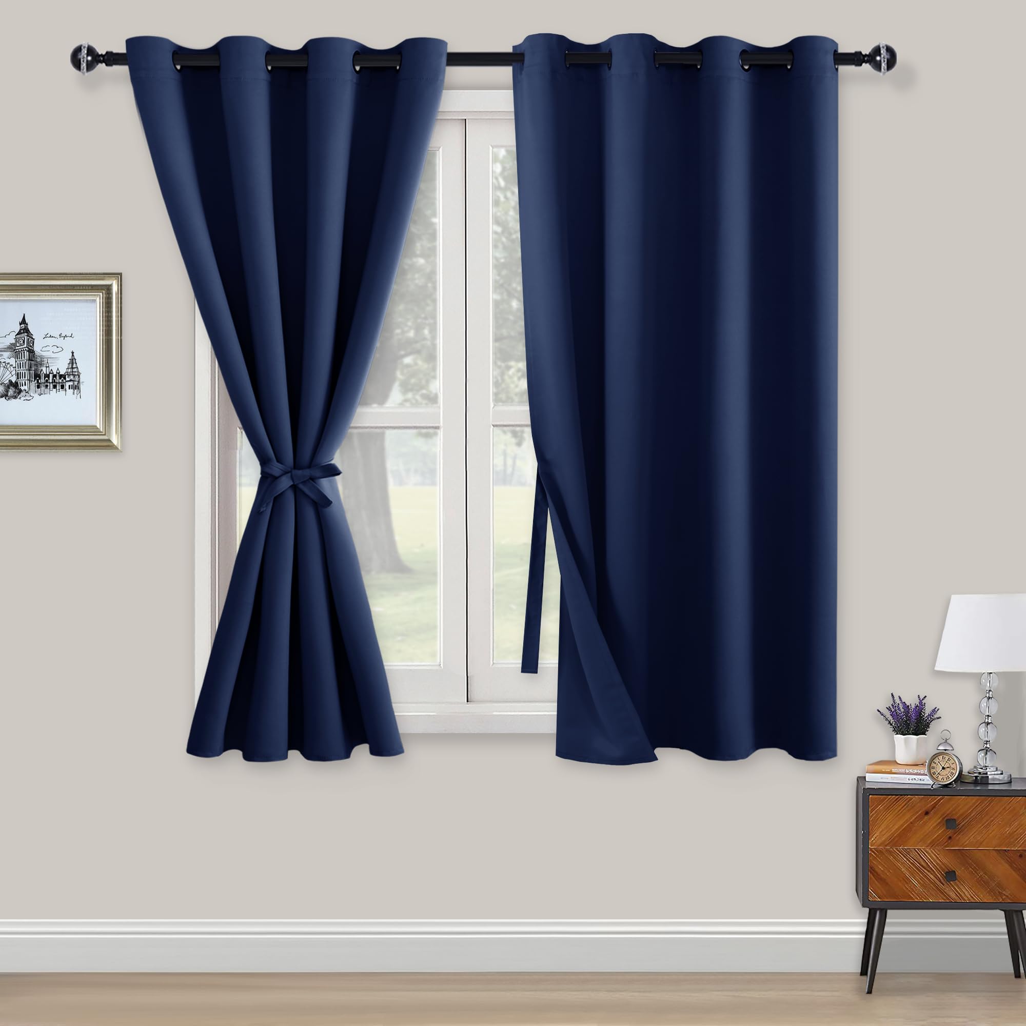 XWZO Blickdichte Vorhänge Verdunklungsvorhänge mit Ösen 2 Stücke Gardienen mit Raffhalter Lichtundurchlässige Vorhänge für Schlafzimmer,WonhzimmerBüro, 138x132 cm, Dunkelblau
