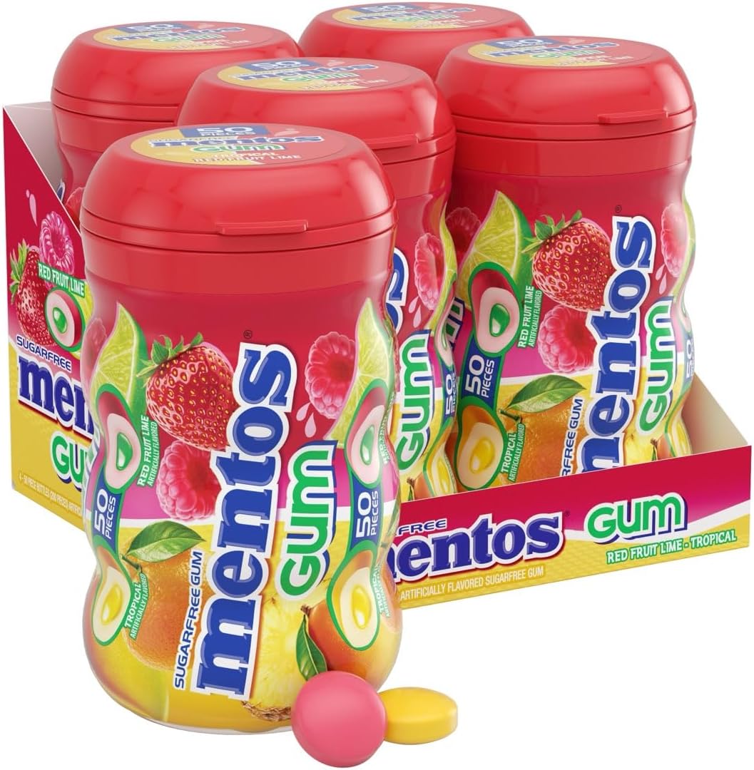Mentos Sugar-Free Chewing Gum, Tropical, Red Fruit and Lime, 50 Piece Bottle (Pack of 4 Bottles)