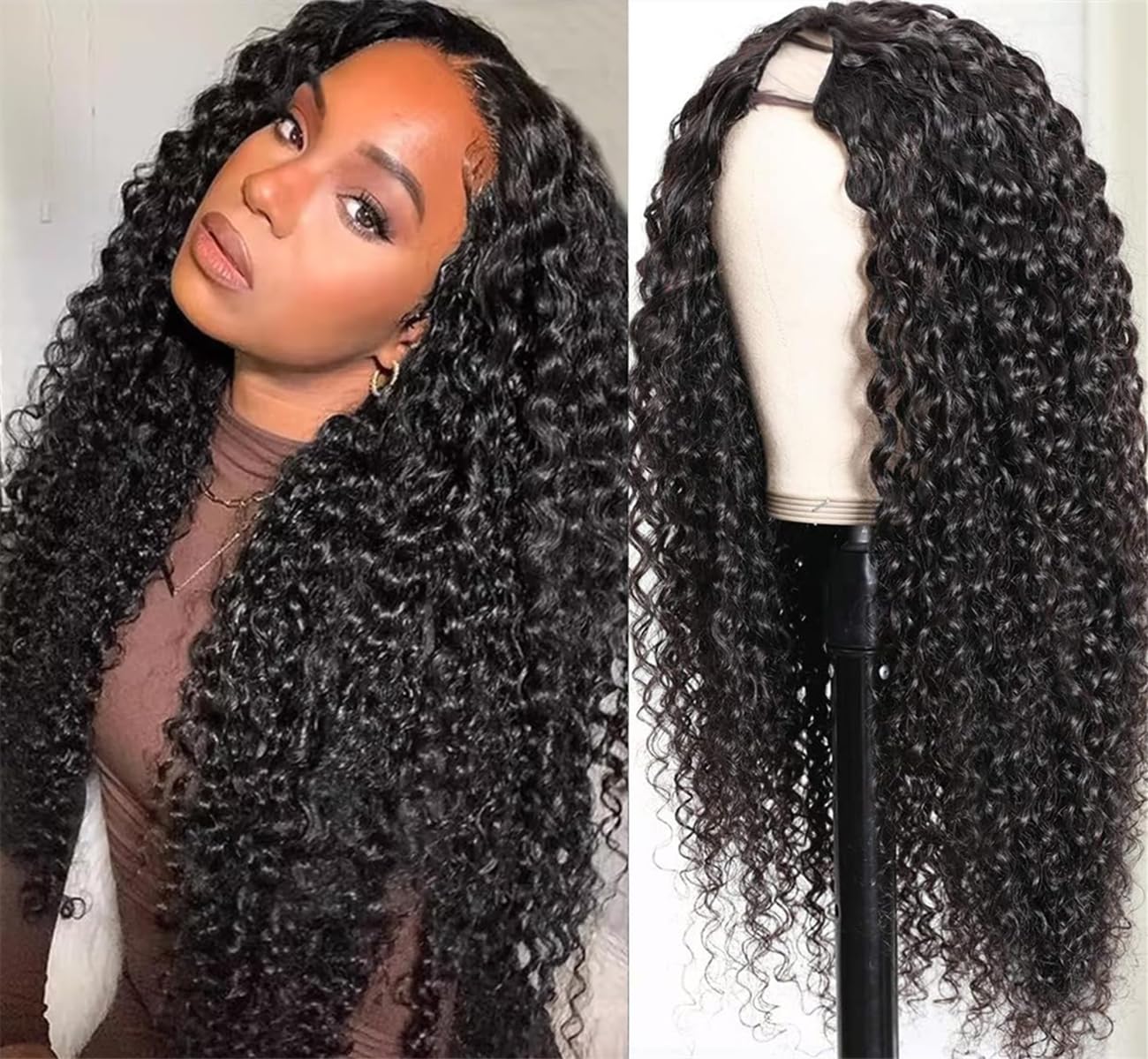 LOVFIR U Part Human Hair Wig 180% Density Kinky Curly Glueless Brazilian Remy Full Head U Shape Clip in Half Wig 26 Inch