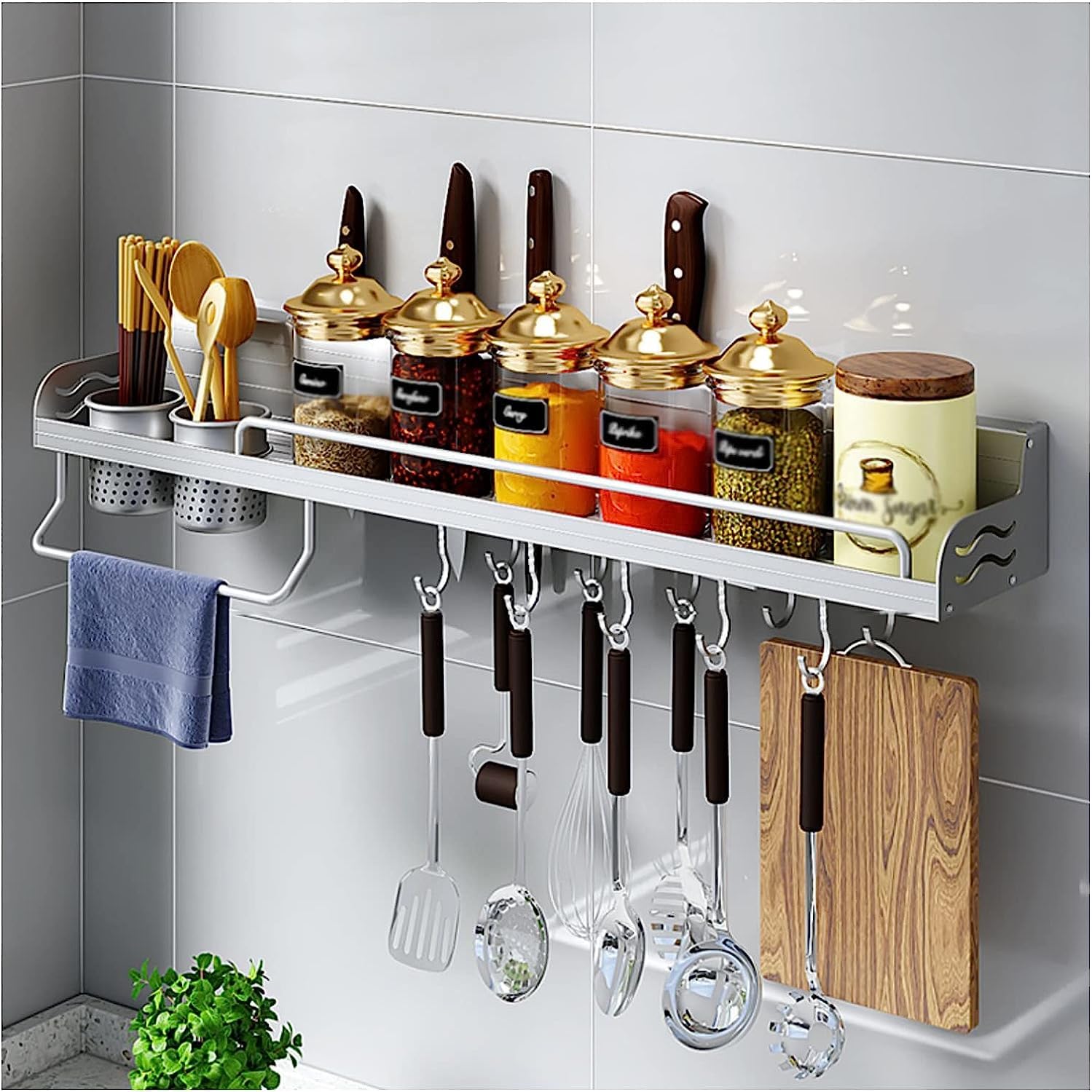 GLJTUO Kitchen Shelf with 6 Hooks, Black Wall-Mounted Utensil Rack, Hanging Spice Rack, Kitchen Tool Holder, Versatile Storage Solution for Utens and Gadgets