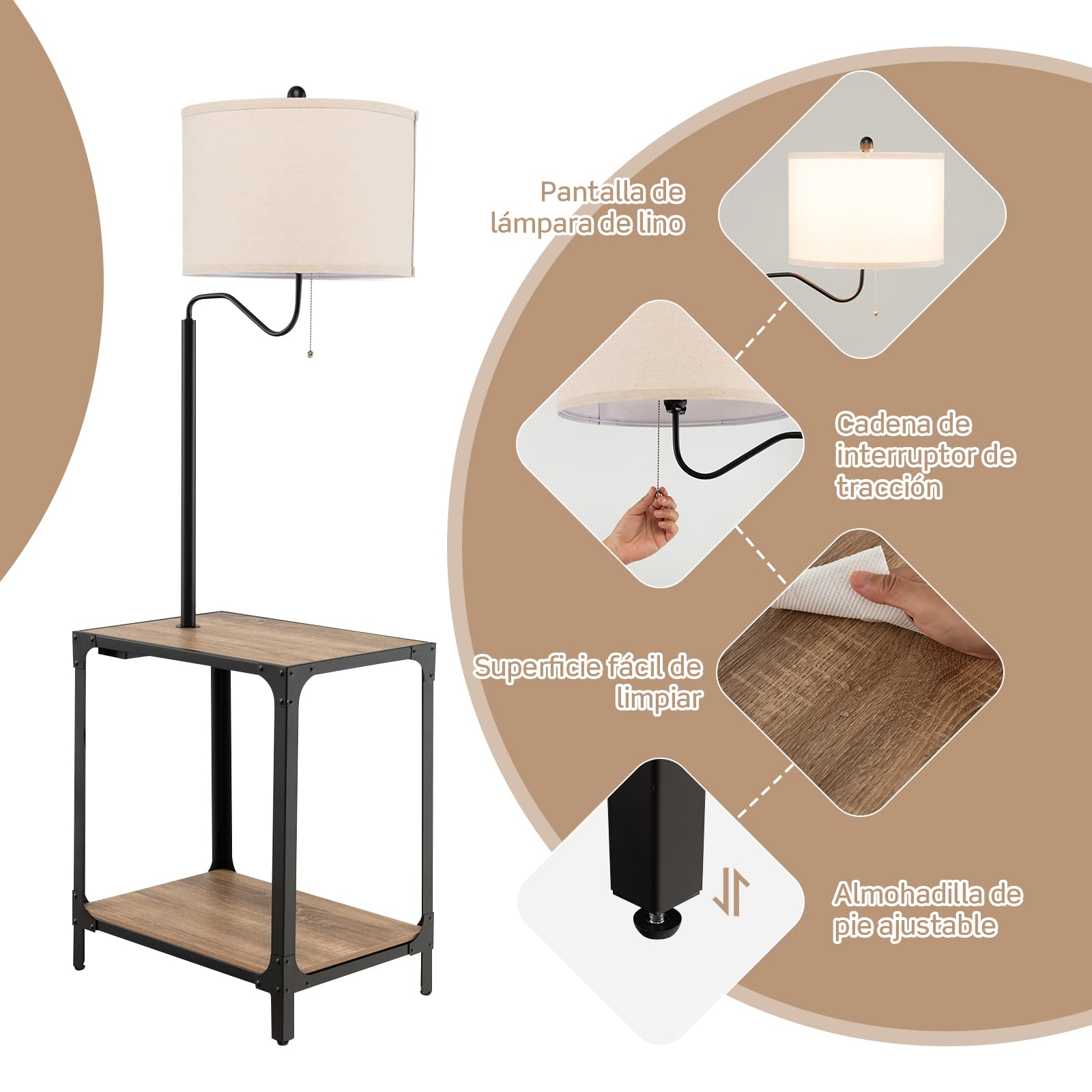 COSTWAY Lámpara de Pie con Mesa y Puertos de Carga USB, Lámpara de Mesa con Brazo Giratorio de 360°, Lámpara de Lectura de Pie Mesita de Noche para Salón, Dormitorio