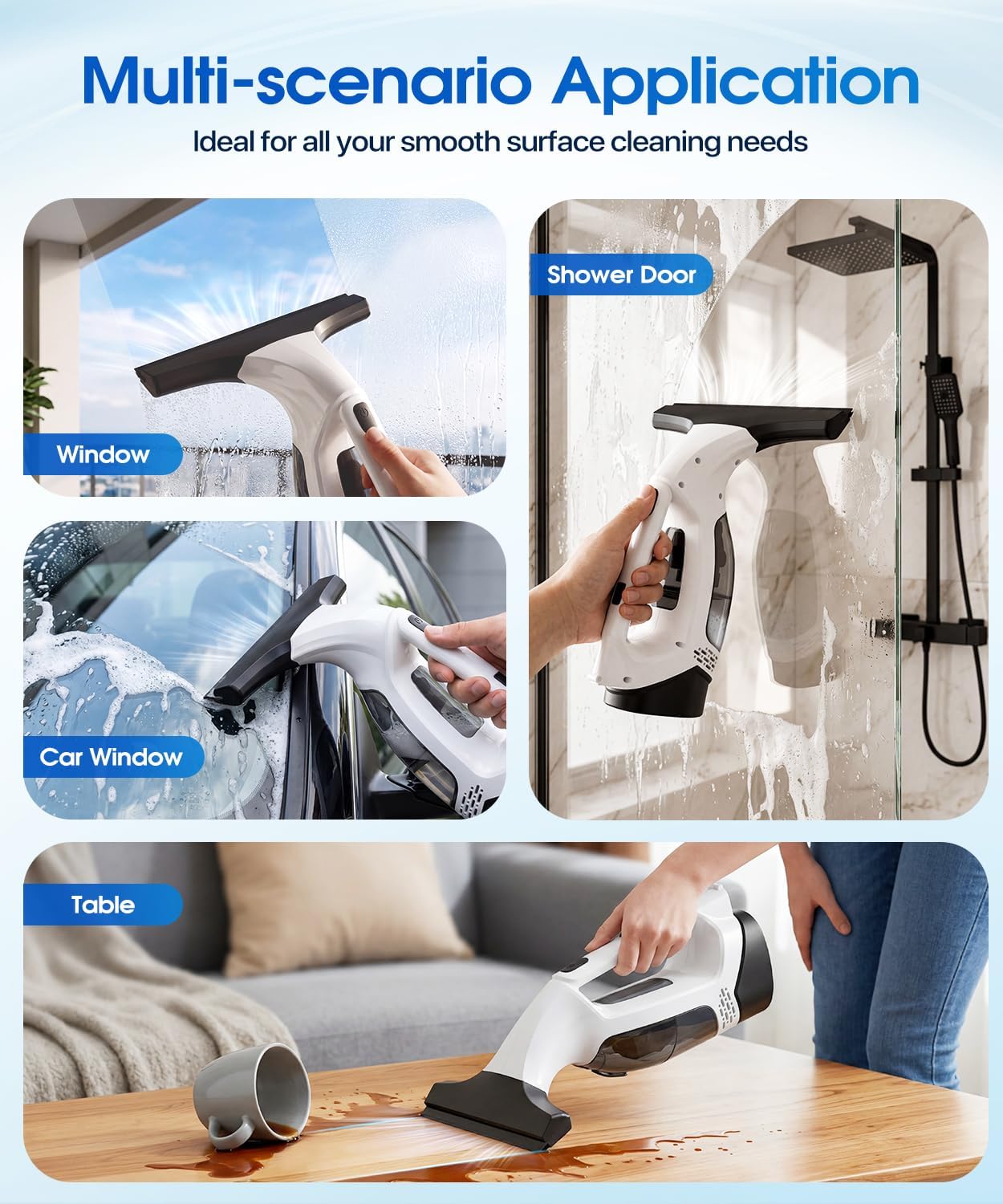 Window Vacuum Squeegee Cordless, 3-in-1 Electric Window Cleaner Tool with Spray & Microfiber Pad, Streak-Free 2200Pa Suction for Glass, Shower Doors, Mirrors, Tiles and Car Windows