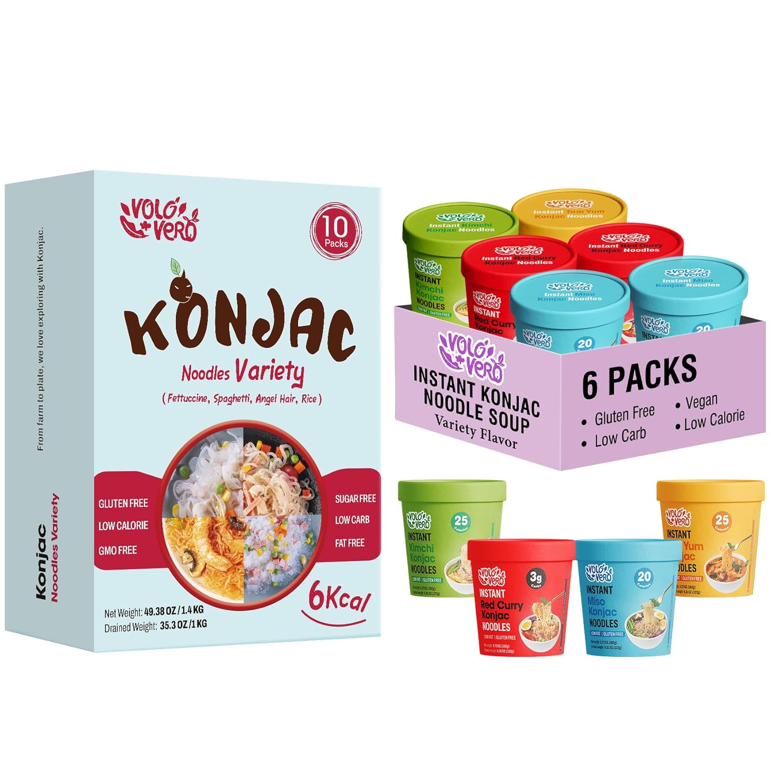 VOLO VERO Konjac Noodles Variety Pack - 16 Packs, Gluten-Free, Vegan, Low Calorie, Low Carb, Low Fat, Low GI, Ready-to-Eat, Quick Healthy Asian Meal