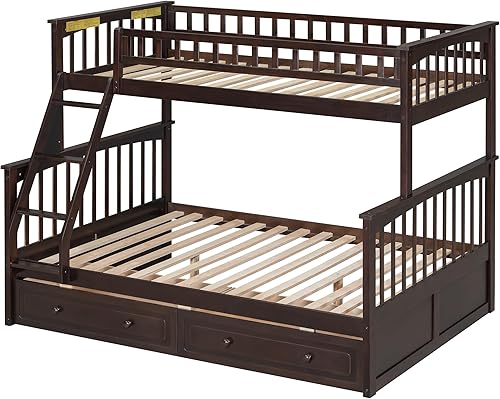 Miniatura 193 de Litera individual sobre matrimonial con cajones, escalera deslizante y almacenamiento, litera de madera con barandilla alta y escalera para niños,