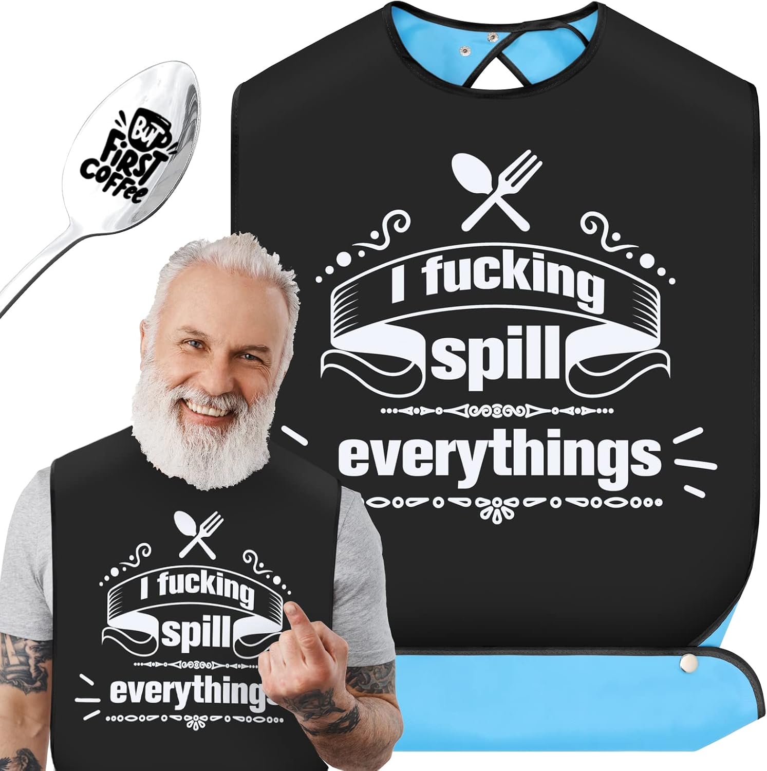 FreeNFond Funny Adult Bibs for Men Women Elderly Eating Clothing Protectors with Crumb Catcher and Coffee Spoon Gag Gifts (Man)