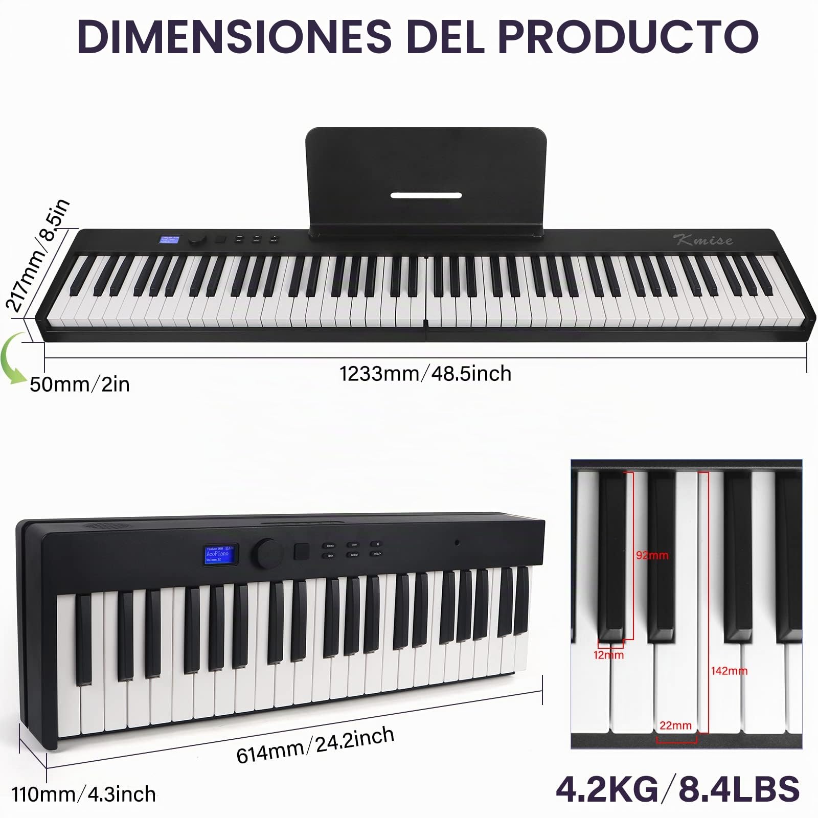 Teclado de piano plegable Kime, teclado eléctrico Piano 88 teclas Teclado plegable de piano digital semiponderado con pedal de sustain Bluetooth MIDI, cartera de música, bolsa de transporte