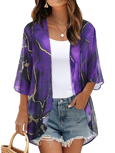 Women's Floral Print Puff Sleeve Kimono Cardigan Loose Cover Up