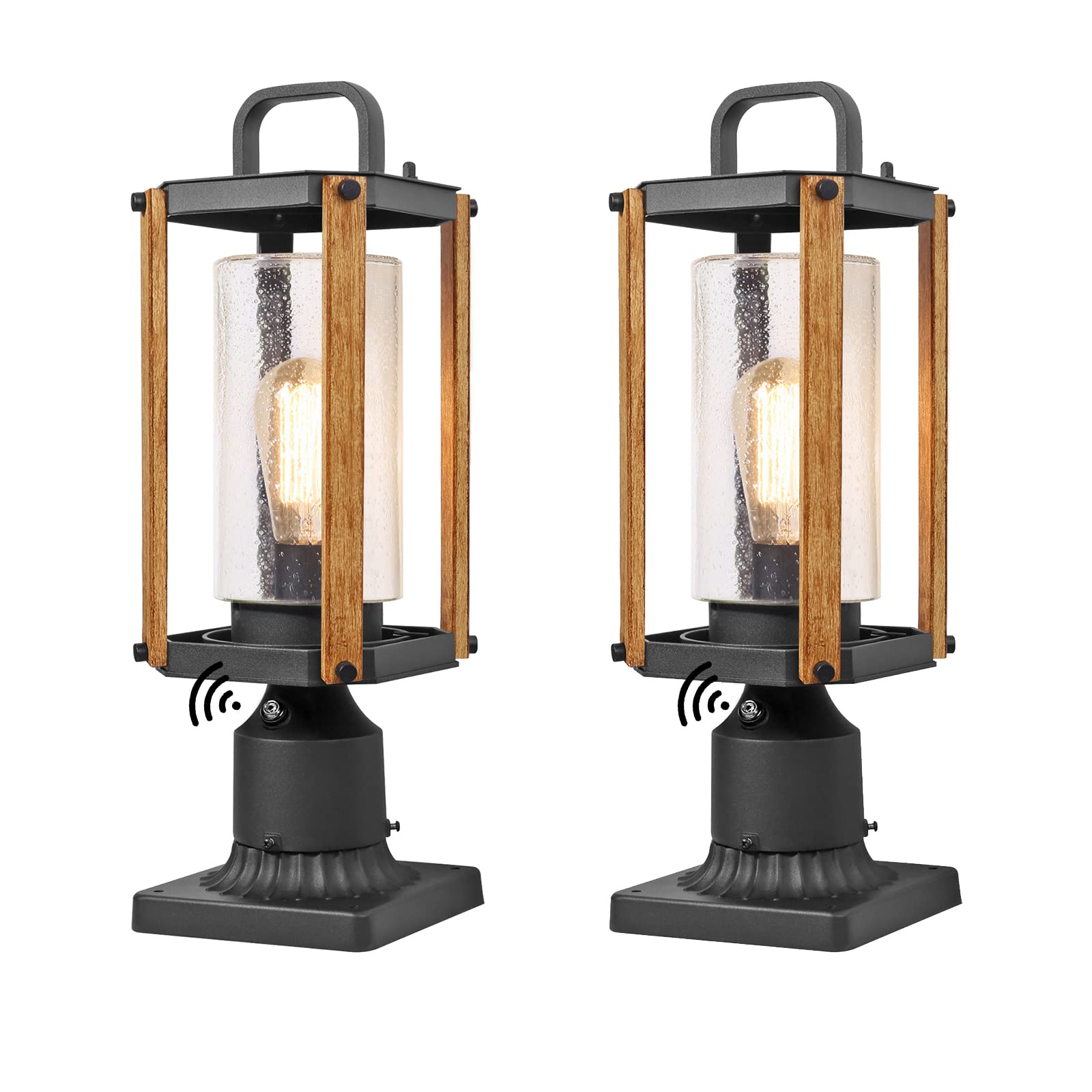 GOALPLUS Dusk to Dawn Porch Post Light, 18.9" High Wooden Grain Outdoor Pole Light with Pier Mount, Farmhouse Exterior Pillar Light with Clear Seeded Glass for Backyard, 2 Pack, LMMSST2105-S-2P