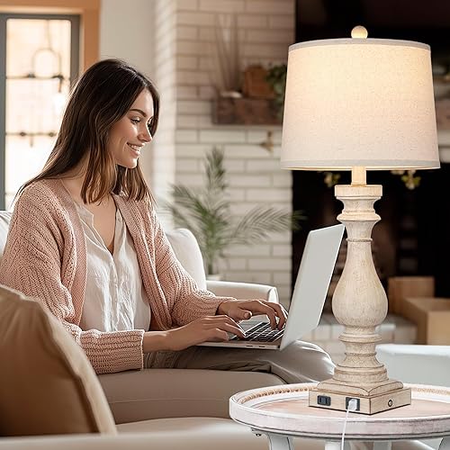 Miniatura 4 de Lámpara de casa de campo de 27.5 pulgadas de alto, lámparas vintage para mesita de noche con puertos de carga USB, AC, lámpara retro con control