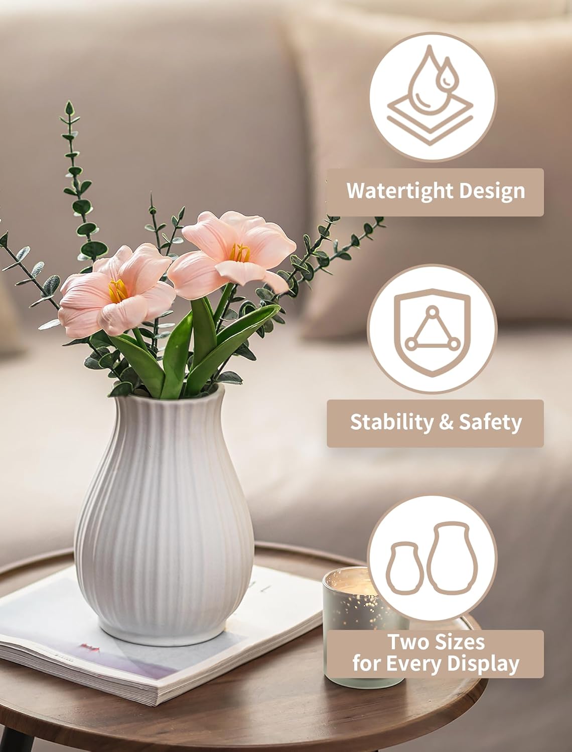 NUPTIO Ceramic Flower Vase for Bouquet: 8.07" Tall White Vases for Home Decor - Modern Decorative Table Centerpiece for Living Dining Room Kitchen Decor
