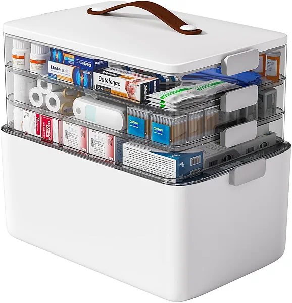 funest 4-Tier Medicine Storage Box, Large Empty First Aid Kit Box with Handle, Portable Medical Supply Organizer Case Cabinet for Home, Travel, Car, Camping Emergency Preparedness,Plastic,White