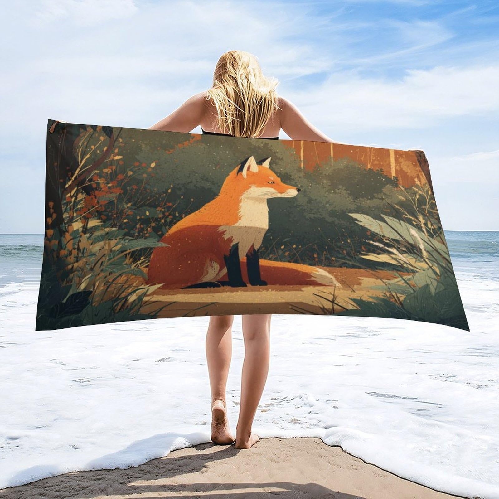 Luyysky Vintage Classic Wildlife Fox Absorbent Beach Towel, Realistic Cartoon Art Autumn Forest Hunting Theme Animal Fox Outdoor Single-Sided Velvet Beach Towel-80 W Cm X 160" L Cm