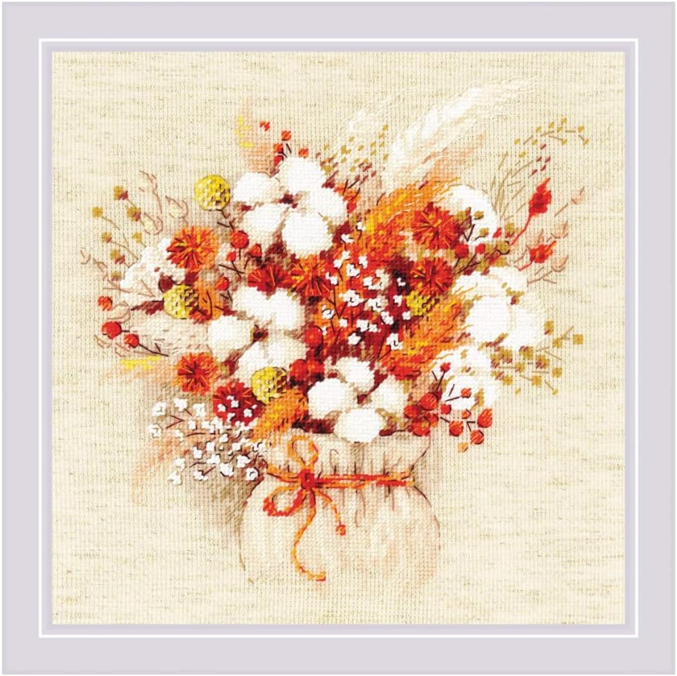RIOLIS - Bouquet with Lagurus and Cotton 1913, Cross Stitch Kits 9¾"x9¾, Cross Stitch Kits for Adults, Counted Cross Stitch Kits, Embroidery Kit for Beginners & Advanced, Floral Crossstitching Kits