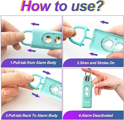 Miniatura 9 de Alarma personal para mujeres  con luz estroboscópica LED doble, sonido seguro 130dB sirena, llavero portátil de seguridad de autodefensa para niños