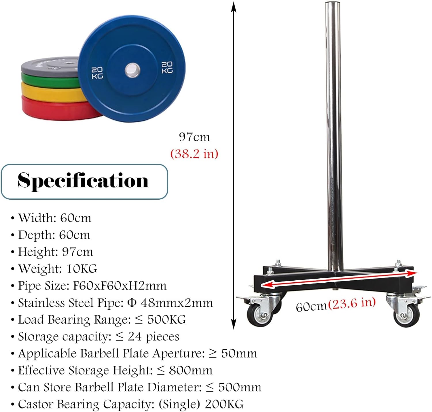 97Cm Tall Olympic Weight Rack for Plates On Wheels, Home Gym Bumper Plate Storage Organizer Vertical, Heavy Duty Barbell Plate Holder Floor Display Stand, Load 500Kg
