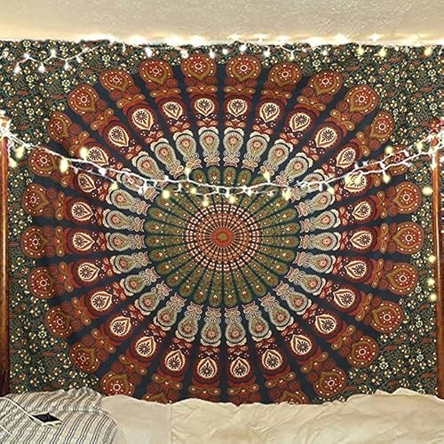 Bless International Indian Hippie Bohemian Psychedelic Golden Blue Peacock Mandala Wall Hanging Bedding Tapestry (Golden Green, Twin (54X72Inches)(140X185Cms)) #TOP23