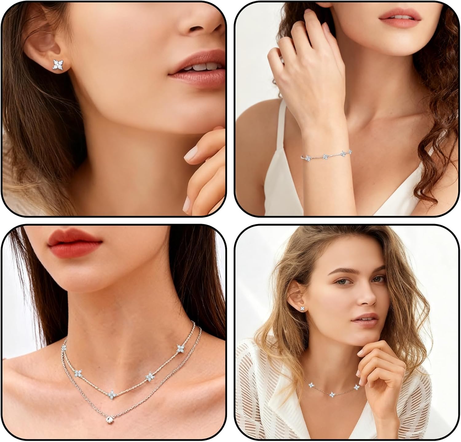 Gold Jewelry Set for Women - 14K Silver Plated Four Leaf Bracelet Choker Necklace and Earring Jewelry Set for Women Dainty Women Mom Daughter Gifts - Image 6