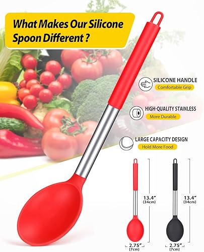 Miniatura 2 de Paquete de 2 cucharas de cocina de silicona grandes antiadherentes sólidas, resistentes al calor, utensilios de cocina para mezclar servir (negro y