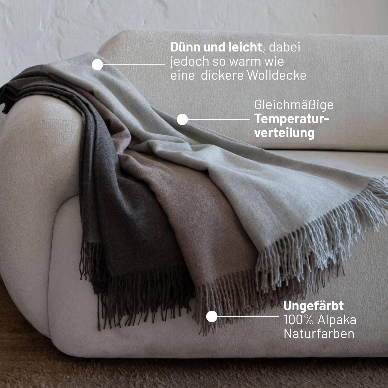 HANSA-FARM | Große Baby Alpaka Decke - 180 x 130 cm - Kuschelig weich aus 100% Baby Alpakawolle (kratzfrei, ungefärbt) Plaid Tagesdecke & Alpaka Wolldecke - Woll-weiß/Natur Weiß Uni