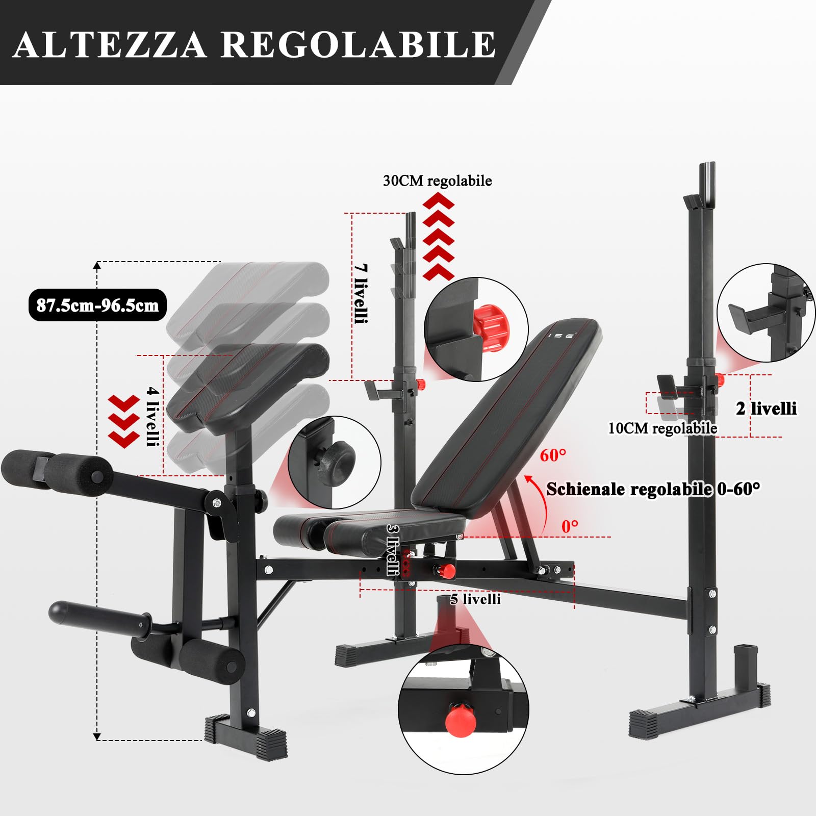 ISE Panca Multifunzione Palestra Casa, Panca Pesi Regolabile con Supporto Bilanciere Schienale Reclinabile Fitness per Allenamento a Casa