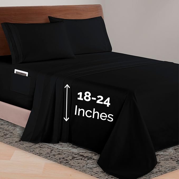 Elegant Comfort Luxurious 1500 Premium Hotel Quality Microfiber 4-Piece Sheet Set, 18-24 Inches Deep - Extra Deep Pocket Sheets - Ultra Soft 4PC Deep Pocket Sheets, King, Black