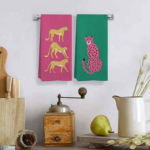 Miniatura 2 de Juego de 2 toallas de cocina de guepardo rosa y verde, paños de cocina con diseño de leopardo, toallas de mano decorativas de leopardo retro de moda