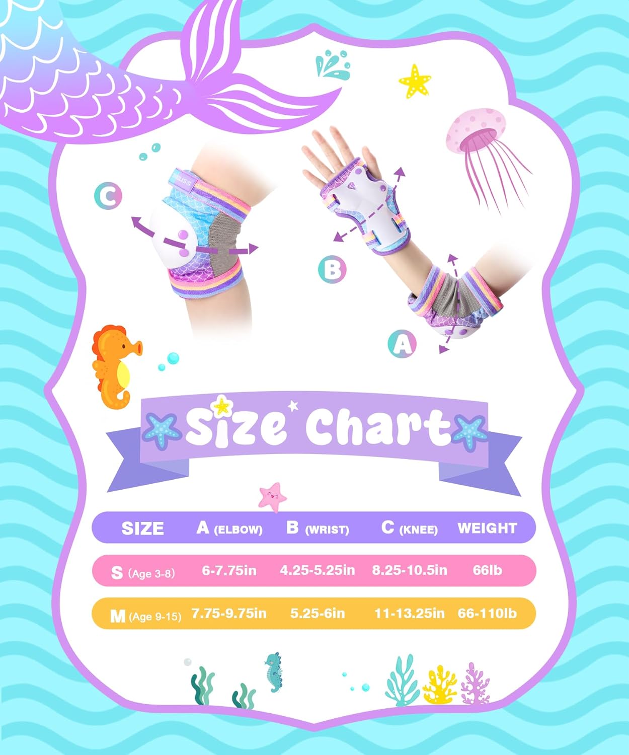 Kids Roller Skates (Mermaid Purple, Small) + Protective Gear Set with Drawstring Bag (Small)