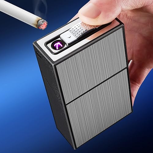 Miniatura 6 de Caja de cigarrillos con encendedor, 20 de capacidad, portátil, soporte para caja de cigarrillos, encendedor de doble arco, 2 en 1, recargable por