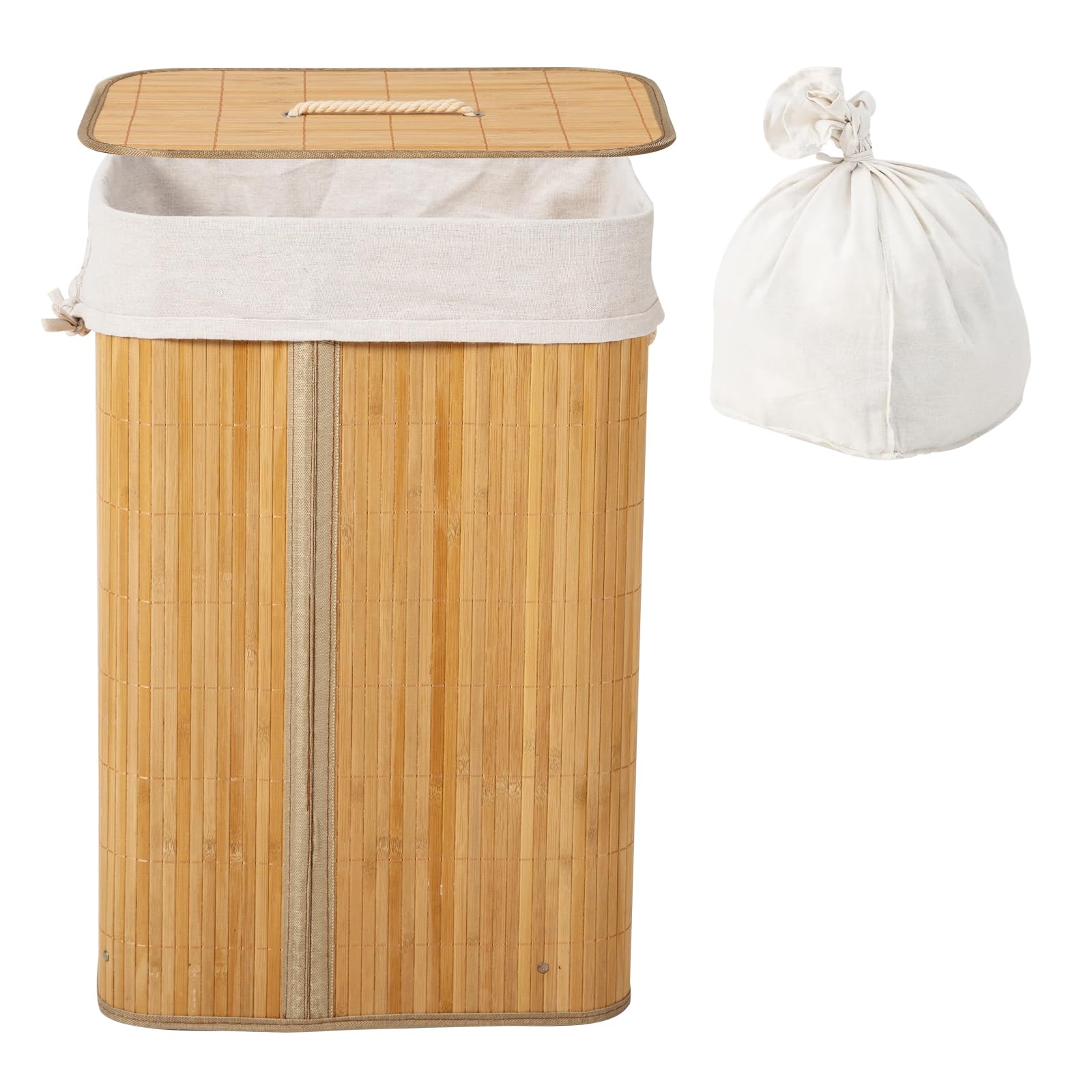 Btamree Laundry Hamper with Lid, Bamboo Laundry Basket with Handles & Removable Liner, 19 Gal (72L) Foldable Laundry Hamper for Laundry Room, Bedroom, Bathroom, Living Room (Square Natural)